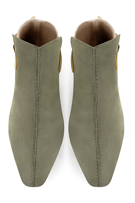 Khaki green, gold and mustard yellow women's ankle boots with buckles at the back. Square toe. Flat flare heels. Top view - Florence KOOIJMAN